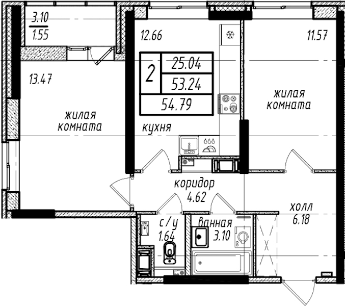 2-комнатная квартира 54.79 м², 10/16 эт., ЖК «Северная Долина»